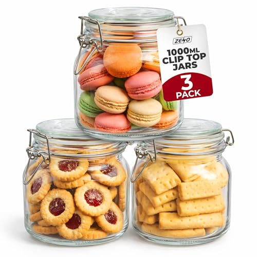 ZENO Clip Top Glass Jars 1000ml 3 Pack | Airtight Glass Storage Jars with Lids | Mason Style Glass Jars for Dry Food Coffee Tea Spices | Kitchen Preserving Pickle & Storage Jars