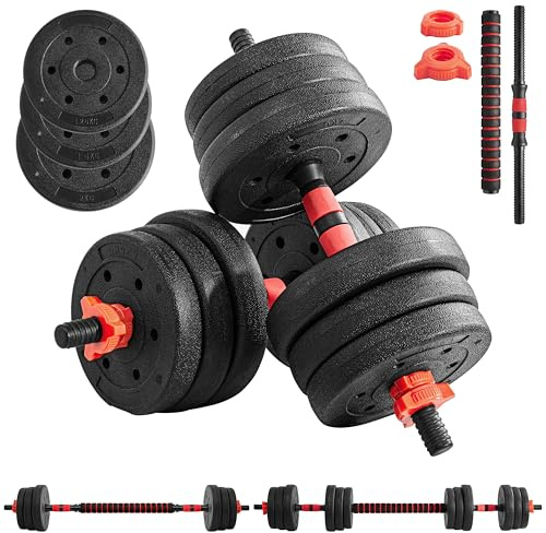 Yaheetech Set di Manubri 2 in 1 da 20 kg, Manubri Regolabili con Barra di Collegamento e 12 Dischi Pesi, Impugnatura Antiscivolo, Bilanciere Palestra per Allenamento di Forza per Fitness a Casa, Nero