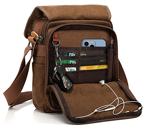 CHEREEKI Canvas Bag, Shoulder Bag Messenger Bag with Multiple Pockets (Hold 10 inch Tablet, Kindle)