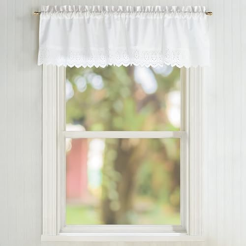 Penny Eyelet Kitchen Curtain Valance, Rod Pocket, 56W x 14L inch, White