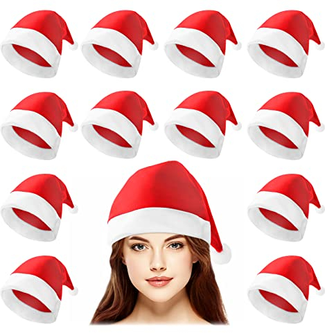 Gfilay Weihnachtsmütze, 12 Stück, für Erwachsene, traditionelle rote und weiße Filz-Hüte, Weihnachtsmütze für Urlaub, Party, Rot