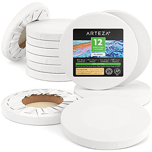 ARTEZA Round Stretched Canvas, 6 Inch Diameter, Pack of 12, Blank White Canvas Boards for Acrylic, Oil and Gouache Painting
