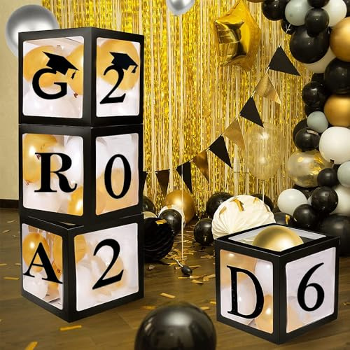 Scatole per palloncini per feste di laurea 2026, confezione da 4 scatole nere per palloncini con lettere di laurea, classe 2026 e orgogliosi di te, decorazioni per feste di laurea e università