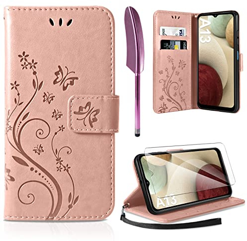 AROYI Lederhülle Kompatibel mit Samsung Galaxy A12 / M12 Hülle und Schutzfolie,Flip Wallet Handyhülle PU Leder Tasche Case Kartensteckplätzen Schutzhülle Kompatibel mit Samsung Galaxy A12 Roségold