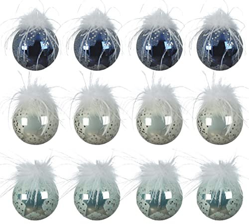 Kaemingk Weihnachtskugeln Glas 8cm x 12 Stück mit Federn Sterne Christbaumkugeln blau hellblau Silber