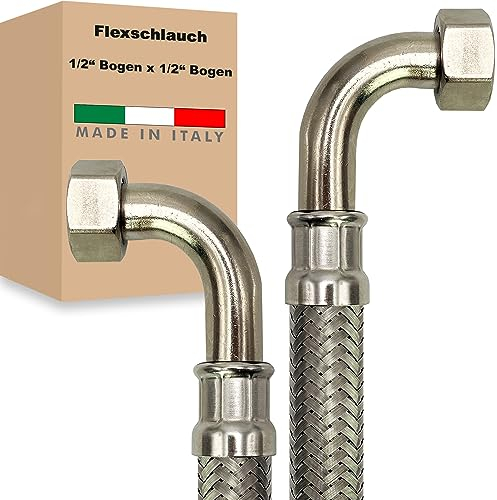 Flexschlauch ÜM-BOGEN x ÜM-BOGEN Edelstahl Panzerschlauch Anschlußschlauch Sanitär Armaturenschlauch Hauswasserwerk Made in Italy (1/2 x 1/2 - 300 mm - Z-Form)