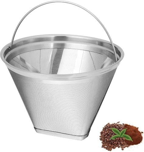 Cone Coffee Filter Reusable with Handle, Cone-Shaped Coffee Filter, Compatible with 12 Cups Coffee Machines, Size 4, Stainless Steel Coffee Filter for Making Manual Coffee