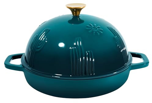 Flavehc Bread Oven Cast Iron Bread Dutch Oven with Cloche Lid for Bread Baking Darkcyan Enameled Cast Iron Bread Oven with Dome Lid for Sourdough, 9.8 Inches
