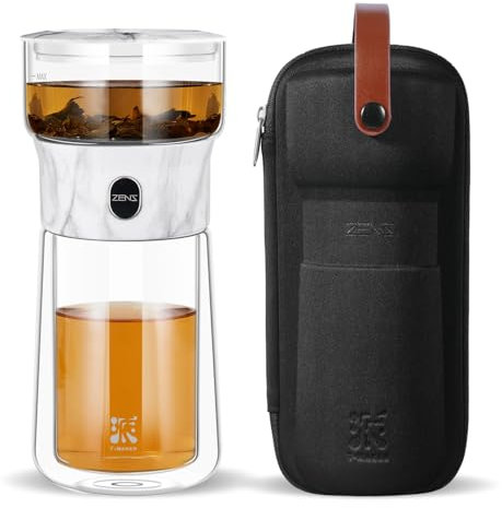 ZENS Modern Solo Glass Tea Infuser Teapot, Smart One Touch Drip Tea Pot for Gongfu Tea Diffusers, Small Loose Leaf Teapot with 270ml Insulated Cup and Portable Tea Kits for Tea Lovers Gifts