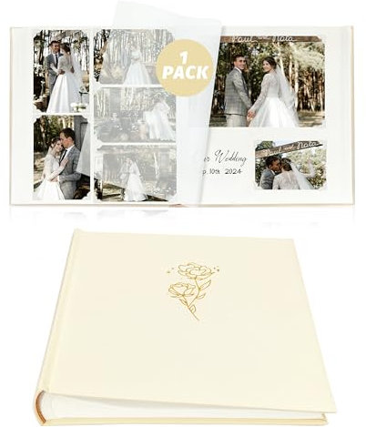 Kuword Album photo à personnaliser avec espace pour 500 photos de 100 pages - Motif roses en lin - Grand format - 30 x 30 cm - Beige - Cadeau de mariage - Album de famille