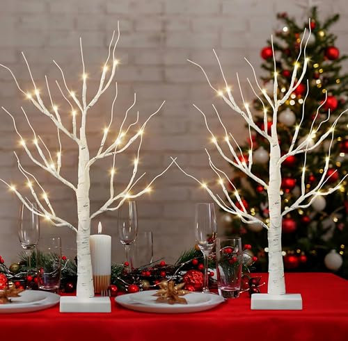 MOSII Set of 2 Birch Twig Tree with Lights for Tabletop Decorations 60cm/2FT, 24 Warm White LEDs Birch Tree Battery Operated for Home Party Wedding Easter Christmas Table Centrepiece