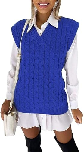 WeaAll Ladies Cable Knit Sleeveless Vest Women's Knitted Jumper Tank Top Winter Chunky Sweaters Royal Blue 12-14