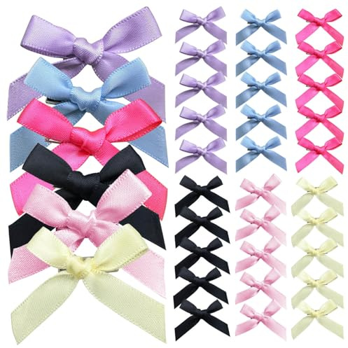 30 Pcs Hair Bows for Women, 6 Colors Mini Bowknot Ribbon Barrettes Hair Clips, Cute Bows for Girls Hair Accessories (Purple,Blue,Rose,Black,Pink,Beige)