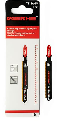 WERHE® Hoja de sierra de calar T118AHM para cortes de metal - para cortes precisos de chapa fina (1,6-3,2 mm) - hoja de sierra de metal para sierra de calar con soporte de mango en T
