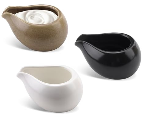3 Pack 3.3 Oz Small Porcelain Coffee Creamer Pitcher, Mini Gravy Sauce Boat, Serving Syrup Pitcher Cream Dispenser Jug Container for Milk Salad Dressing (3 Pack)