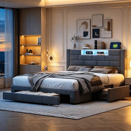 Lit 140x200 avec 3 tiroirs et sommier, lit Double avec éclairage LED, Tête de lit avec Rangement et Ports de Charge, Cadre de lit Moderne pour Adultes et Adolescents, Design Brique