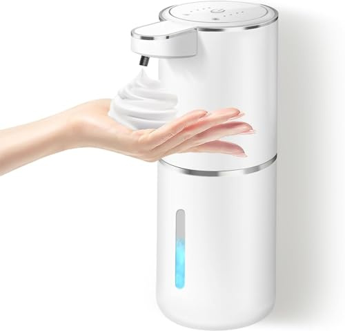 Automatic Soap Dispenser, 350ML Rechargeable Touchless Foam, 4 Levels Adjustable, IR Sensor, Wall Mounted Electric Liquid Hand Waterproof for Kitchen Bathroom (White)