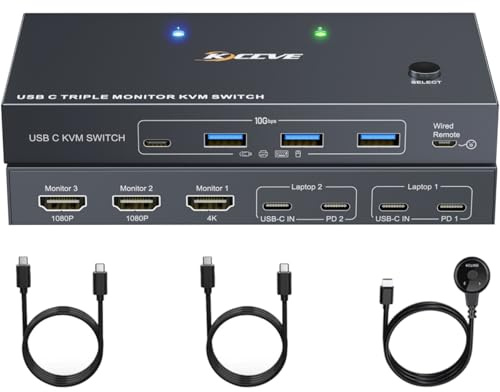 USB C KVM Switch 3 Monitors 2 Laptops 4K 1080P @ 60Hz, USB-C Docking Station Triple Monitor KVM Switches with 4 USB 3.2 Ports, 10Gbps 80W PD Charging, for Windows and Mac OS, Driver Installation