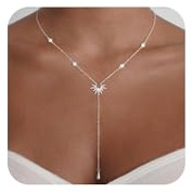 RIXERKOC Collier Longue en Y pour Femme, Colliers Lariat Plaqué Or 14k avec pendentif en Forme de Soleil Collier en Cristal or en Y Cadeau Bijoux pour Femmes et Filles (Argent)