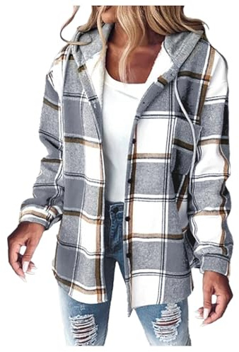 Generisch Chaqueta de franela para mujer, camisa de franela a cuadros, botones y bolsillos, chaqueta de leñador, chaqueta de felpa, forro polar, chaqueta de invierno, blusa con capucha, gris, M