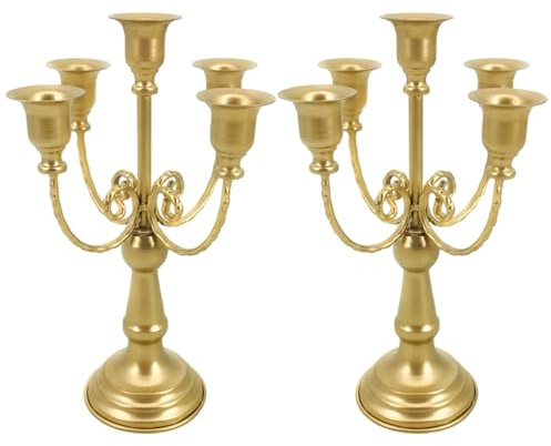 CAKEEYUM Guld ljushållare 2 st 5 armar järn guld kandelaber 25 cm ljus bordsuppsatser för bord födelsedag semester jul bröllop tema fest kandelaber, hållare, vintage hållare, C