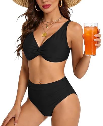 AOOSA Dam tvinnad bikini set med hög midja V-ringad bikini set eleganta 2-delade badkläder, vadderade och formande platta mageffekter, sexiga strandkläder