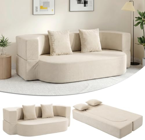 HOMCOM Canapé Convertible 2 Places, Canapé-Lit, 190cm, 2 Oreillers, Beige | Chenille, Dossier Rabattable, Assise et Accoudoirs Larges, Entièrement Compressé, Pas d'Assemblage, Salon, Chambre