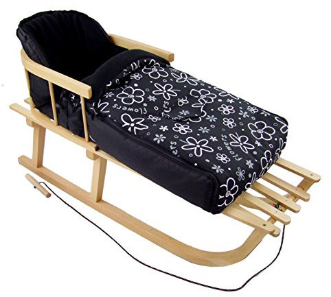 Rawstyle *KOMBIPAKET* HOLZSCHLITTEN mit Rückenlehne incl. Zugleine + WINTERFUSSSACK 90cm aus Fleece (Flowers Schwarz) für Kinderwagen Fleece - Lehne -Kinderschlitten