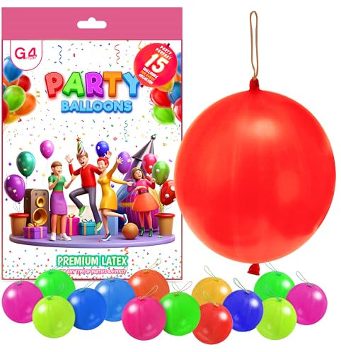 G4GADGET 15x Punch Balloons for Kids – Colourful Party Bag Fillers – 12 Latex Balloons with Strong Elastic Bands – Great for Birthdays, Carnivals, School Events & More