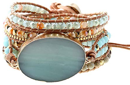 Plumiss Handmade Leather Wrap Natural Amazonite Druzy Bead Crystal Stone Bracelets for Women