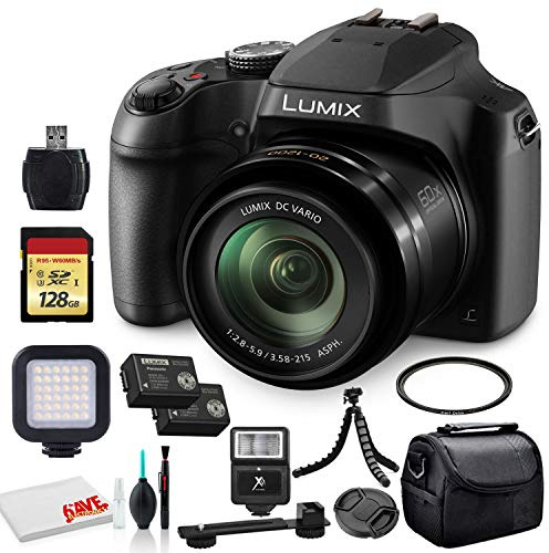 Panasonic Lumix DC-FZ80D / DC-FZ85D Digital Camera (DC-FZ80D / DC-FZ85DK) - Bundle - with 128GB Memory Card + LED Video Light + DMW-BMB9 Battery + Digital Flash + Soft Bag + 12 Inch Flexible Tripod +