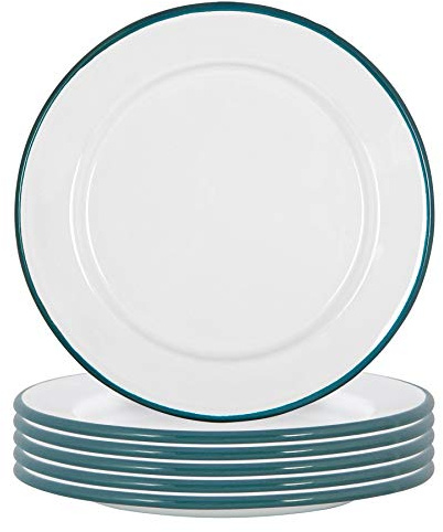 Argon Tableware Enamel Side Plates - 20cm (8inch) - Green - Set of 6 Small Dish Coloured Rim Dessert Plates Metal Enamel Tableware Dinner Set for Kitchen, Dining, Serving, Camping & Outdoor Use