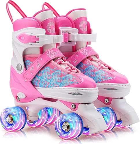 Gonex Verstellbar Rollschuhe, Leuchtenden Rädern Roller Skates für Mädchen Jungen Kinder Erwachsene (L (39-42) EU, ROSA)