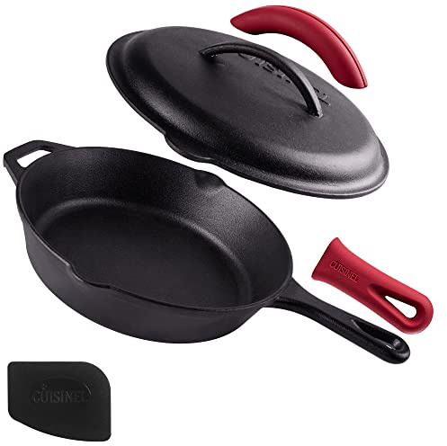 Cuisinel Cast Iron Skillet with Lid - 10-inch Pre-Seasoned Covered Frying Pan Set + Silicone Handle and Lid Holders + Scraper/Cleaner - Use Indoor/Outdoor, Oven, Stove, BBQ, Fire, Grill Cookware