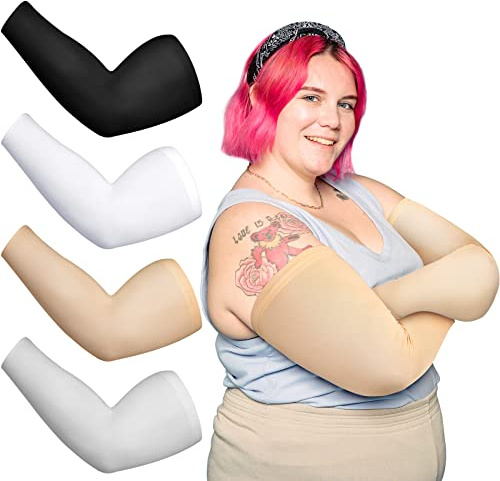 Chuarry 4 Pairs Plus Size Arm Sleeves for Women Men UV Sun Protection Cooling Ice Silk Arm Wraps for Flabby Arms(Classic Color)
