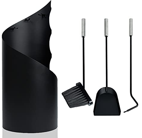 TRMLBE Set di 4 Attrezzi per camino moderno Accessori da caminetto in acciaio inossidabile con supporto Pala per cenere, scopa per poker
