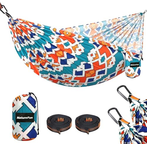 NATUREFUN Ultralätt resehängmatta | 300 kg lastkapacitet, andningsbar, snabbtorkande bärbar hängmatta (275 x 140 cm) | 2 x premium karbinhakar, 2 x nylonslingor ingår | utomhus inomhus trädgård