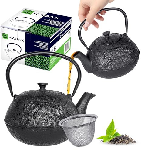 KADAX Gusseiserner Teekessel, Teekanne im japanischen Stil, Kessel mit Teesieb und bequemem Griff, Traditionelle Eisen-Kanne, Teeservice Japanischer Art (Schwarz)