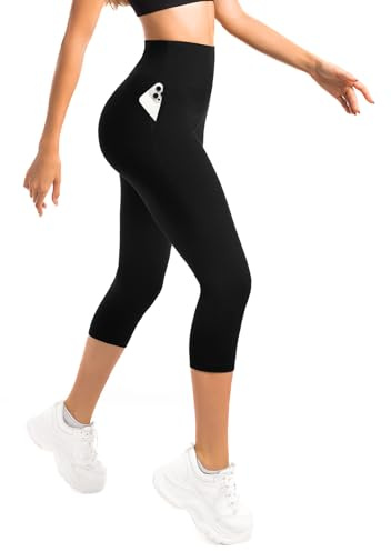 Sanpetix Cropped Leggings for Women UK, High Waisted 3/4 Leggings with Pockets for Workout Running Gym Yoga Black 1 Pack LXL