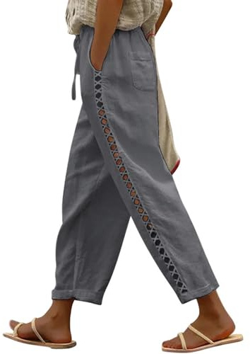 Puimentiua Sommerhose Damen Leicht,Sommer Leinenhose,7/8 Weiße Hose,Luftig Sommerhosen,High Waist Linen Pants,Elegant Stoffhose,Lockere Ausgehöhlt Hosen mit Tunnelzug und Taschen (Grau,L)