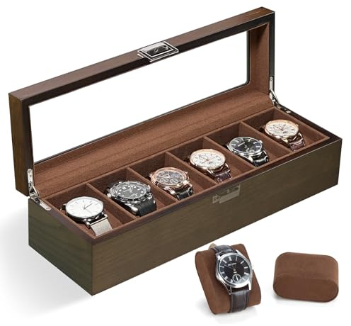 Slege Porta Orologi in Legno a 6 Posti,Scatola per Orologi in Legno,Elegante Porta orologi uomo,Vetrina in Vetro per 6 orologi,Watch Box per uomo Regalo