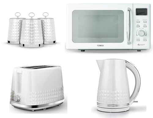 Tower Solitaire White 1.5L 3KW Jug Kettle, 2 Slice Toaster, T24041WHT 800W 20L Digital Microwave & Canisters. Matching Contemporary Design Kitchen Set of 6 in White & Chrome
