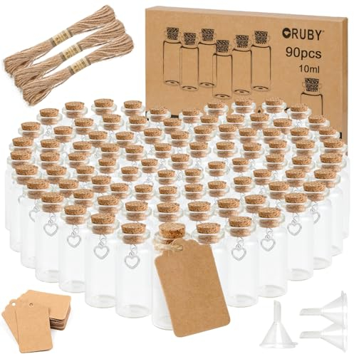 RUBY 90 Stück Mini Glasflaschen mit Korken 10ml Kleine Reagenzgläser mit Korken und Herz, Kleine Glasflaschen zum Gastgeschenke Hochzeit Hochzeitsdeko, Gewürzgläser mit Tag, 22x55mm