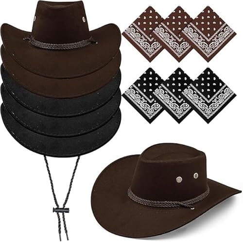 12Pcs Western Cowboy Hat and Bandana, Wide Brim Cowboy Hats Faux Suede Cowgirl Hats Bulk with Adjustable Drawstring for Men Women Costume Party(Brown+Black)