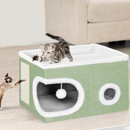 BAKAJI Cuccia per Gatti con Ingresso Tondo e Bordo in Lana, Casetta Rifugio per Animali Domestici, Tiragraffi in Poliestere Caldo e Imbottito, Cuccetta Graffiatoio Base Antiscivolo 58x42x33cm (Verde)