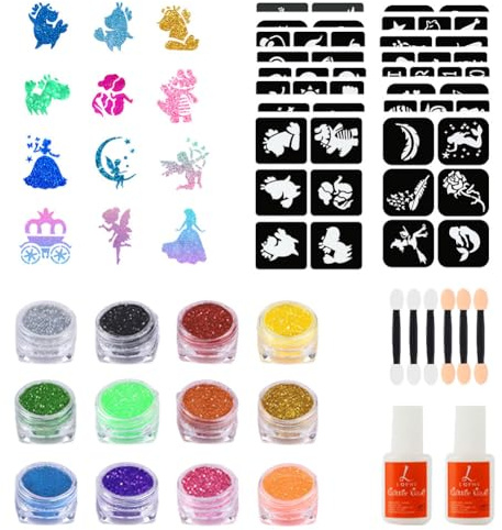 LOPHE Glitter Tattoo Kit for Kids - 16 Reusable Stencils, 12 Colour Glitter Powder 2 Glue 10 Brushes, Safe Body Art | Animal, Mermaid, Christmas Designs | Birthday Party, Halloween Face Paint Gift