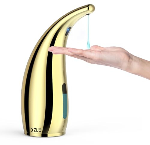 XZUO Automatic Soap Dispenser with Infrared Sensor - Adjustable 4-Level Touchless Hand Soap for Kitchen, Bathroom - Battery Operated Electric Dispenser, Durable Plastic, Smart Soap Holder (Gold)
