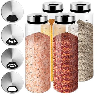 4 stycken kryddburkar med lock på 500 ml, borosilikatglas kryddströare med 3 typer av kryddhål, saltströare, kryddburkar, stora för kök matsal grillning utomhus