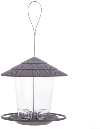 Mangiatoia per uccelli sospesa con design rotondo in plastica resistente alle intemperie e vassoio per briciole, adatta per giardino o balcone per fornire una stazione di alimentazione pulita (grigio)