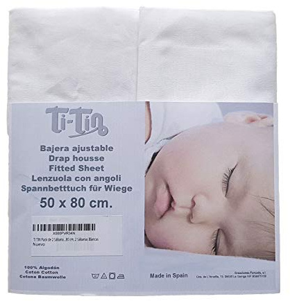 Pack de 2 sábanas bajeras 100% algodón Ajustables Color Blanco – 50x80 cm – para capazo, colchón, moisés o minicuna – Transpirables y Suaves – Fácil Lavado y aptas para Secadora